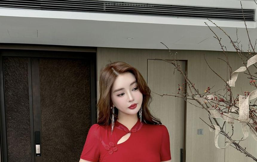 Short-Sleeve Cutout Mesh Panel Mini Bodycon Dress Product Image