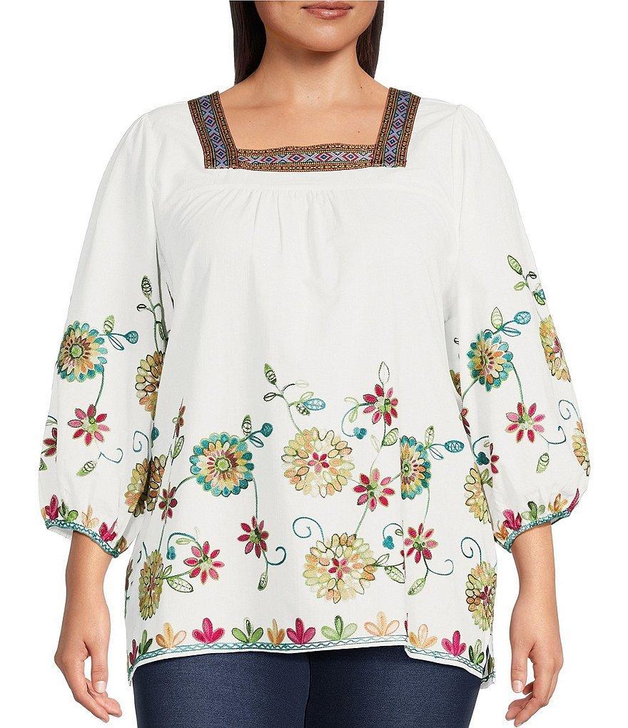 Calessa Plus Size Floral Embroidered Square Neck 3/4 Sleeve Tunic Product Image