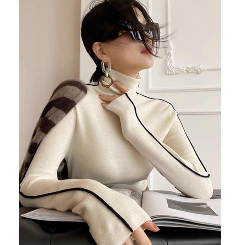 Long-Sleeve Turtleneck Striped Knit Top Product Image