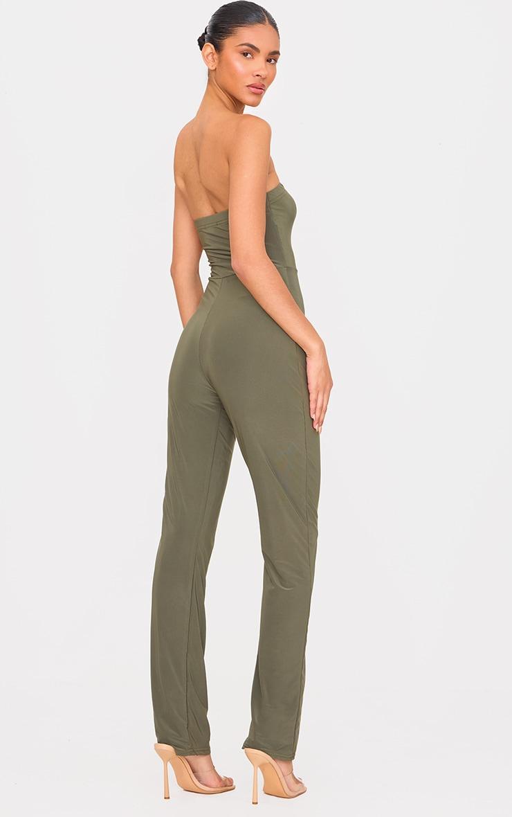 Dark Olive Double Layer Slinky Bandeau Straight Leg Jumpsuit Product Image