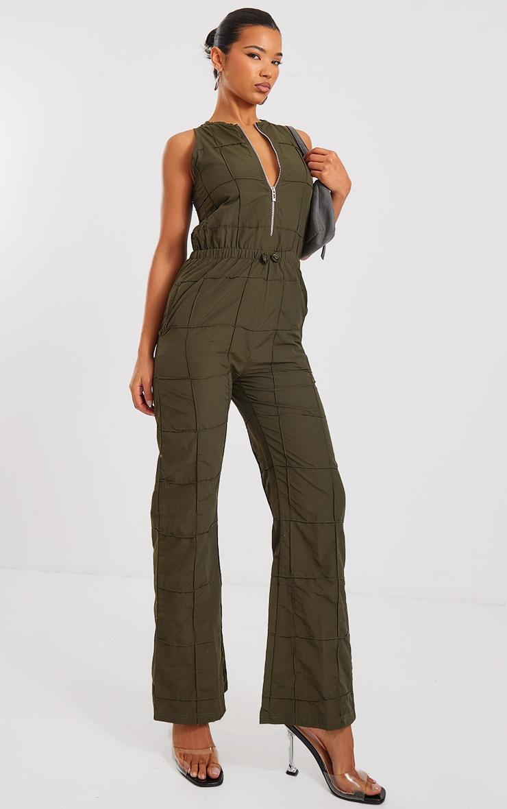 Khaki Textured Zip Up Toggle Jumpsuit Product Image