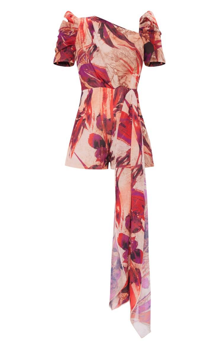  Red Floral Asymmetric Neck Drape Detail Romper Product Image