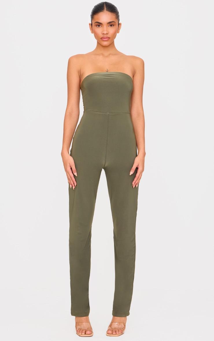 Dark Olive Double Layer Slinky Bandeau Straight Leg Jumpsuit Product Image