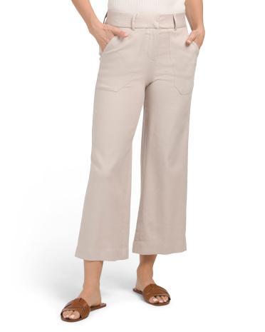 Linen Blend Stretch Wide Leg Cropped Pants for Women Product Image