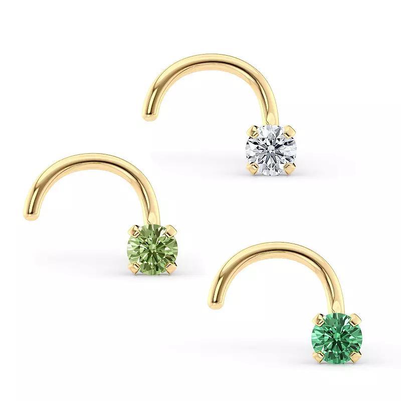 Lila Moon 14k Gold Green & Clear Cubic Zirconia Curved Nose Stud Trio, Womens Product Image