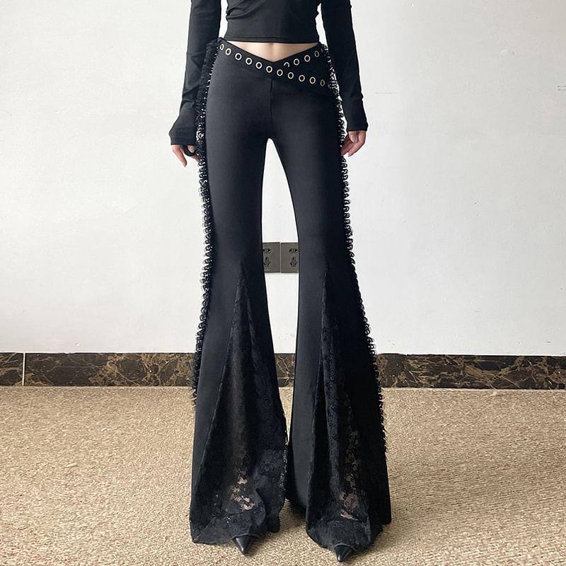 Mid Waist Plain Lace Panel Flare Pants Product Image