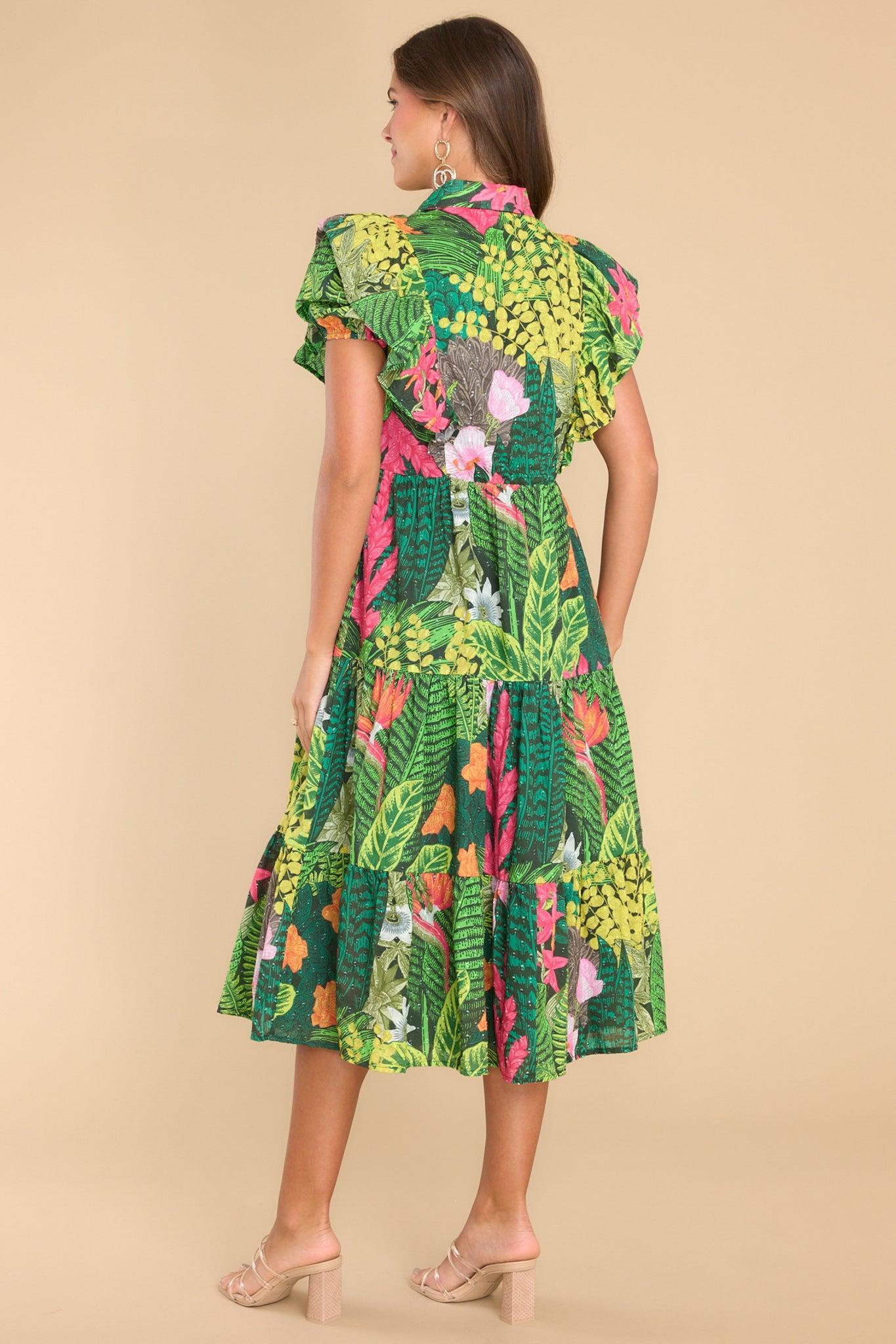 Palms Away Wild Game Green Tropical Print Dress Product Image