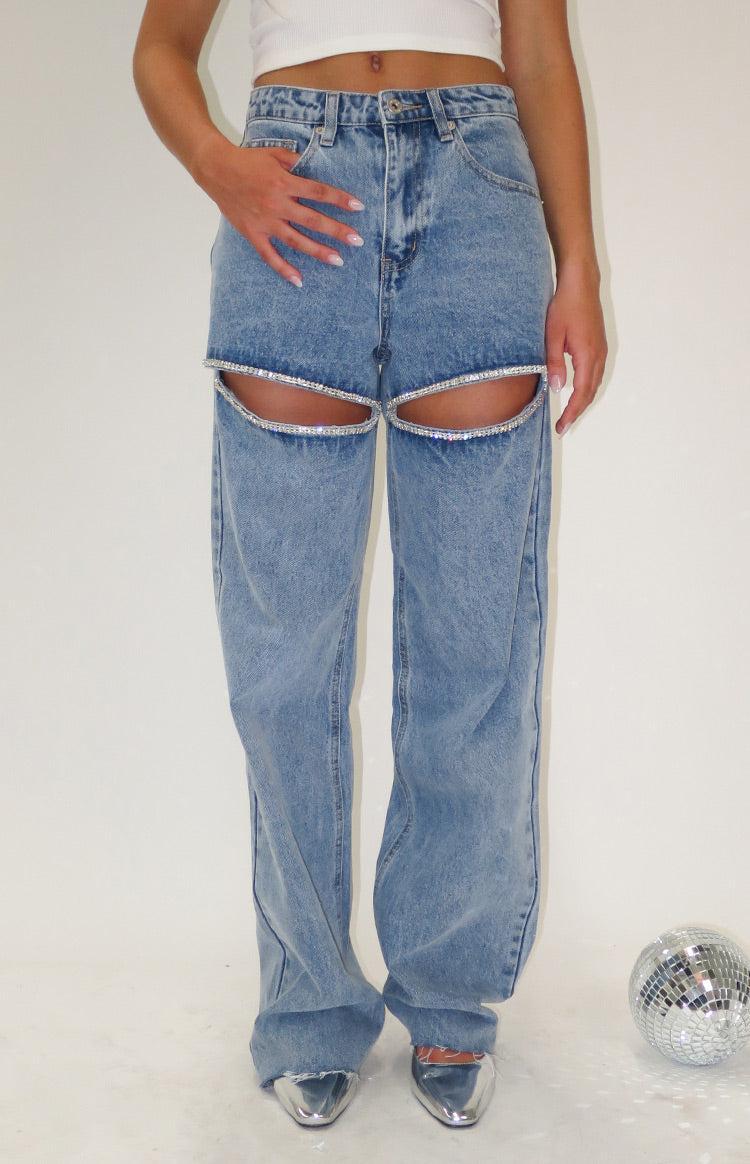 Gem Diamante Trim Wide Leg Denim Jeans product image