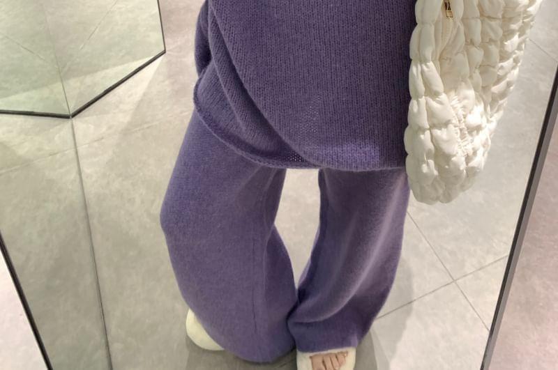 Off-Shoulder Plain Oversized Sweater / High Rise Knit Wide Leg Pants Product Image