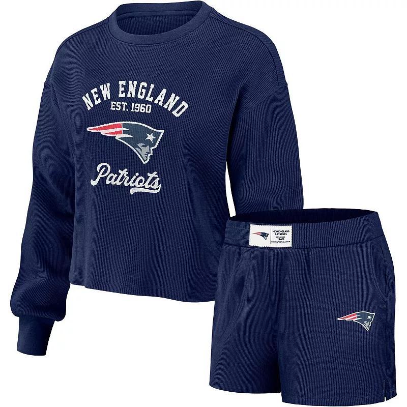 Womens WEAR by Erin Andrews New England Patriots Waffle Knit Long Sleeve T-Shirt & Shorts Lounge Set Blue Product Image