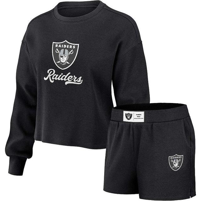 Womens WEAR by Erin Andrews Black Las Vegas Raiders Waffle Knit Long Sleeve T-Shirt & Shorts Lounge Set Product Image