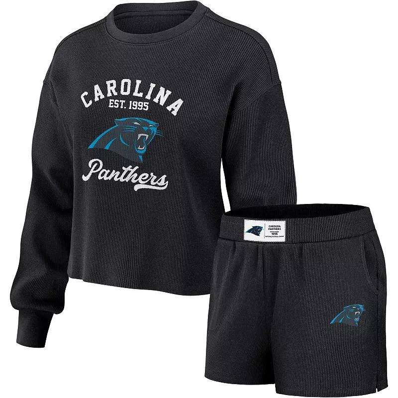 Womens WEAR by Erin Andrews Carolina Panthers Waffle Knit Long Sleeve T-Shirt & Shorts Lounge Set Product Image