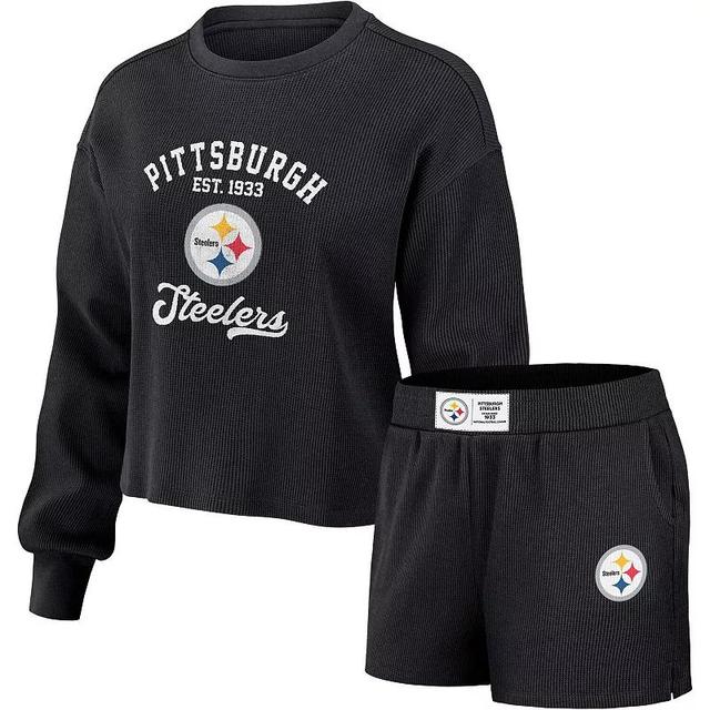 Womens Wear by Erin Andrews Black Distressed Pittsburgh Steelers Waffle Knit Long Sleeve T-shirt and Shorts Lounge Set Product Image