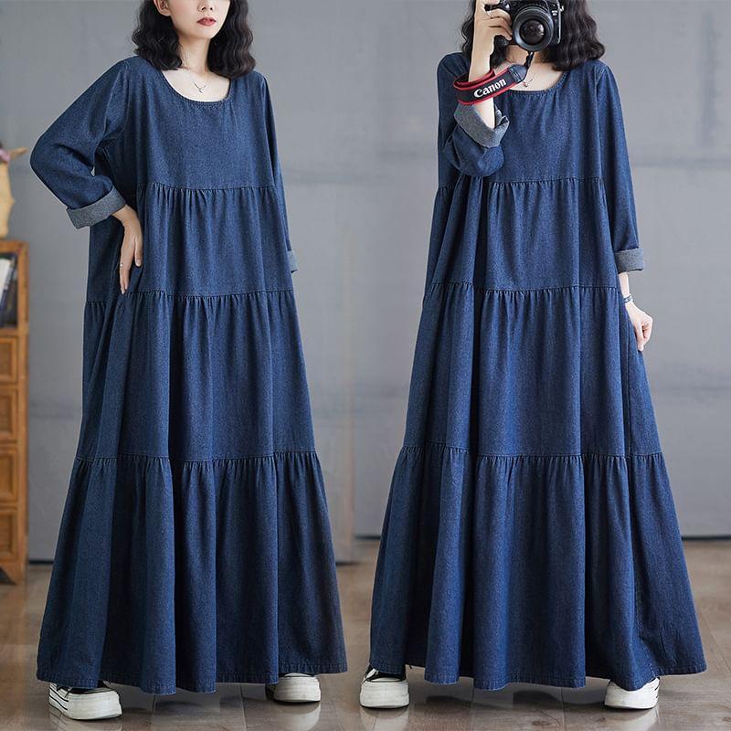 3/4-Sleeve Plain Denim Maxi Smock Dress Product Image