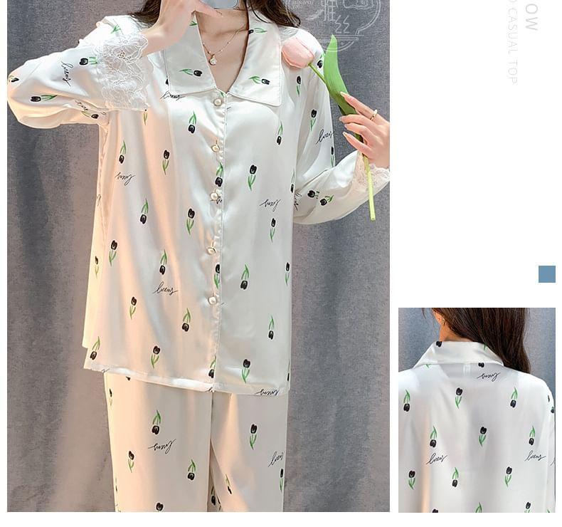 Pajama Set: Long-Sleeve Collared Floral Print Lace Trim Button-Up Top + Pants Product Image