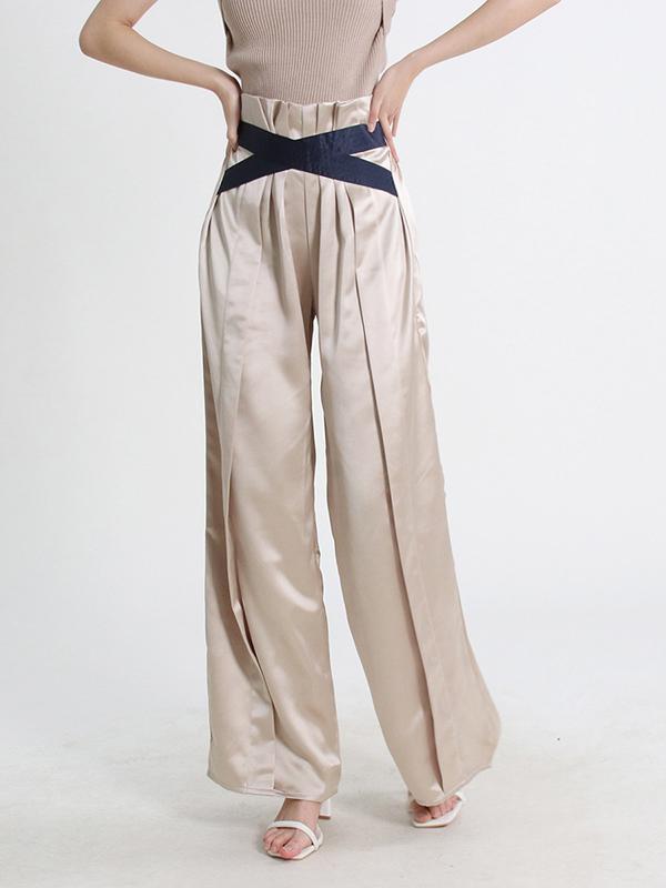 High Waisted Wide Leg Elastics Pleated Casual Pants Bottoms Trousers Product Image