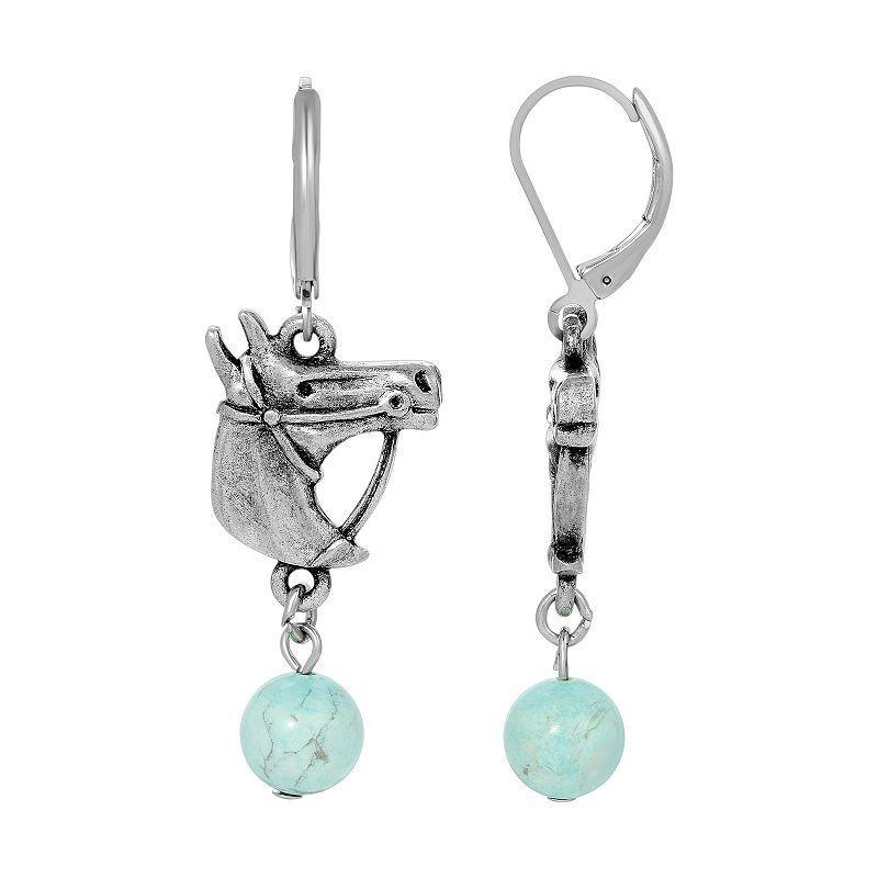 1928 Silver Tone Turquoise Bead Horse Head Earrings, Womens Product Image