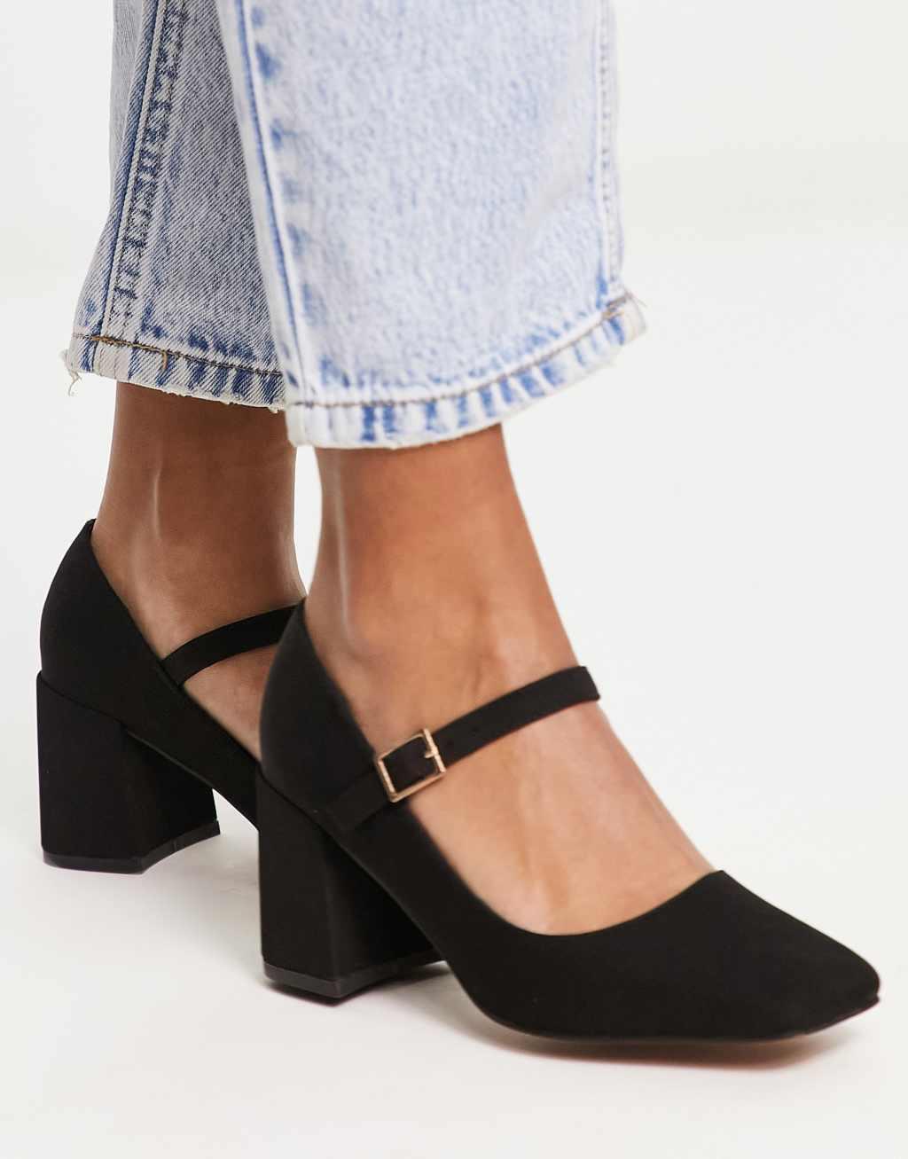 ASOS DESIGN Wide Fit Selene mary jane mid block heeled shoes in black Product Image