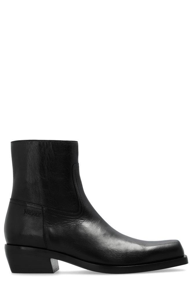 VERSACE Men's Square-toe Leather Ankle Boots In Black Ruthenium Product Image