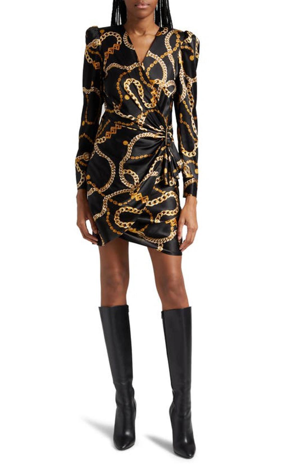 Clarice Chain Print Long Sleeve Stretch Silk Dress In Black Gold Classic Chain Product Image