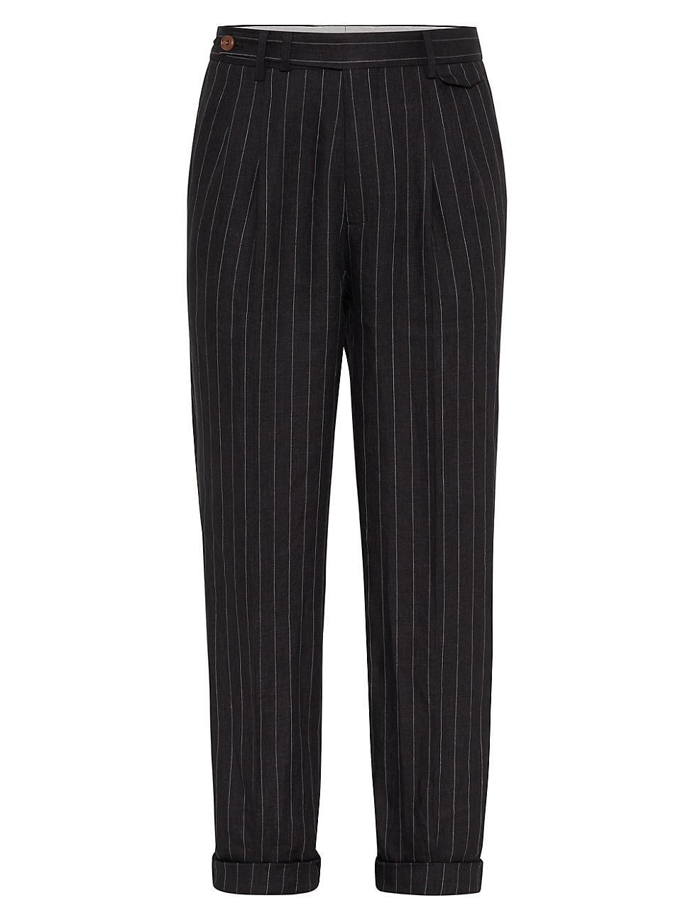 Mens Linen Stripe Leisure Fit Trousers With Double Pleats And Tabbed Waistband Product Image