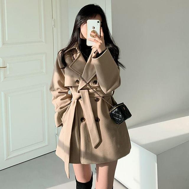 Collar Plain Sashed Double-Breasted Trench Coat Product Image