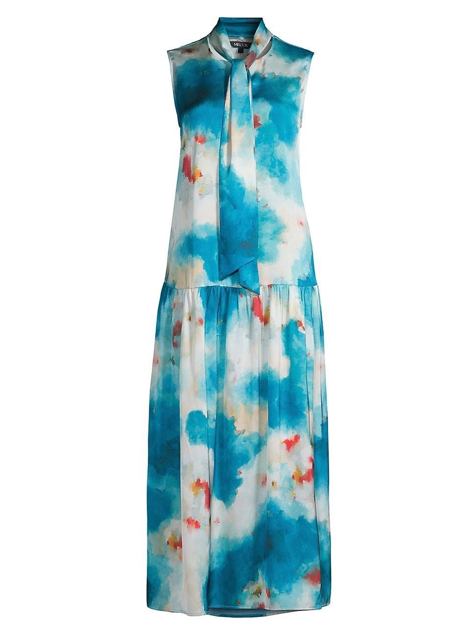 Watercolor-Print Tie-Neck Crepe Midi Dress Product Image