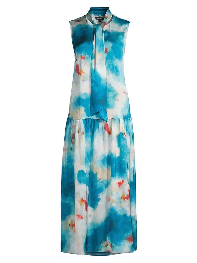 Watercolor-Print Tie-Neck Crepe Midi Dress Product Image