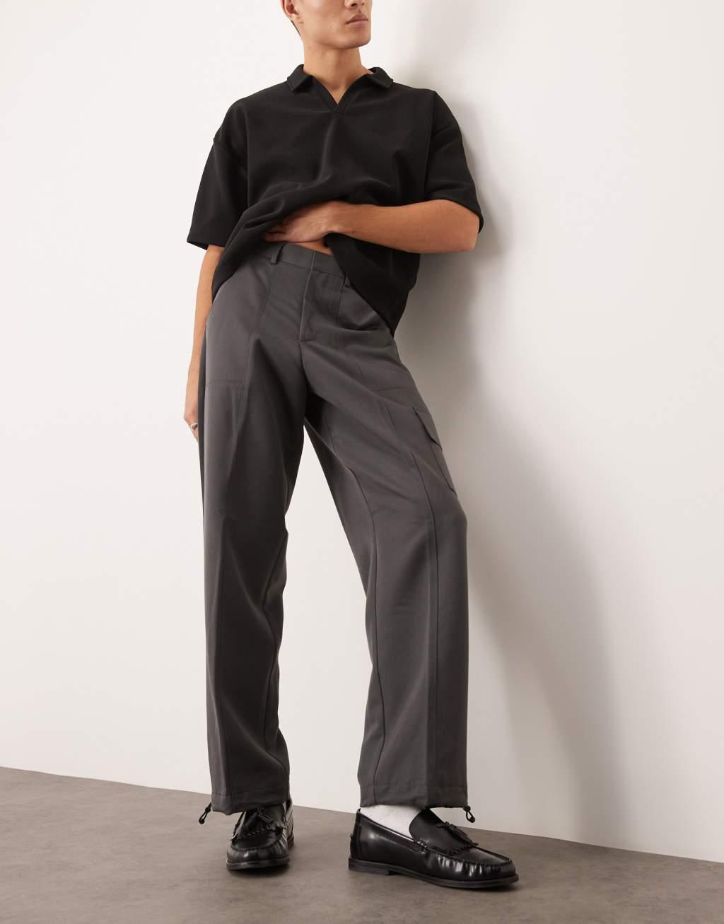 ASOS DESIGN smart wide leg cargo pants with toggle hem in gray product image