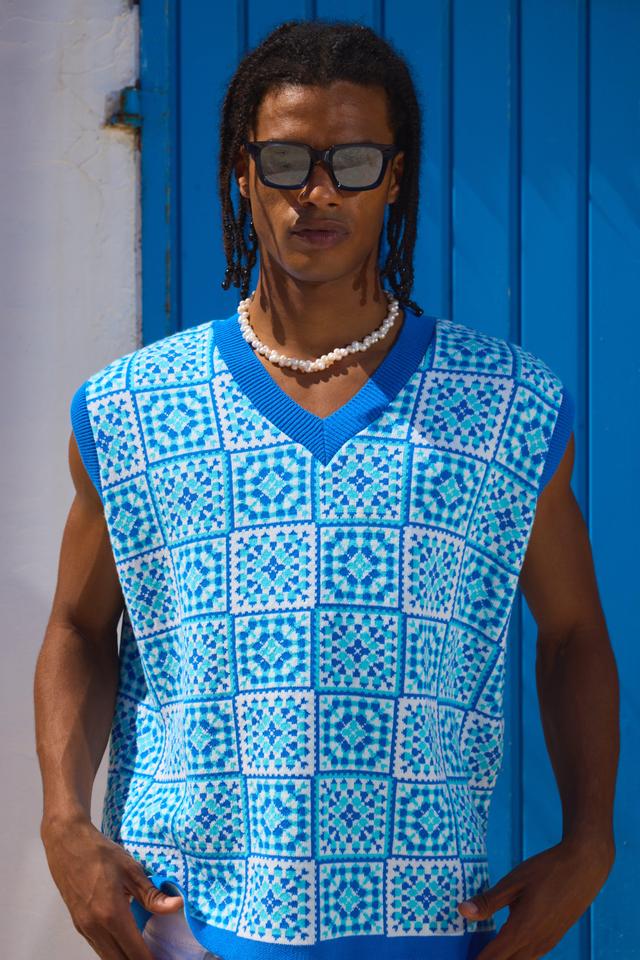 Mens Blue Oversized V Neck Crochet Knitted vest, Blue Product Image