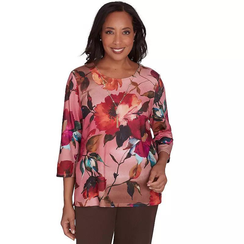 Petite Alfred Dunner Dramatic Floral Crewneck Top with Detachable Necklace, Womens Product Image