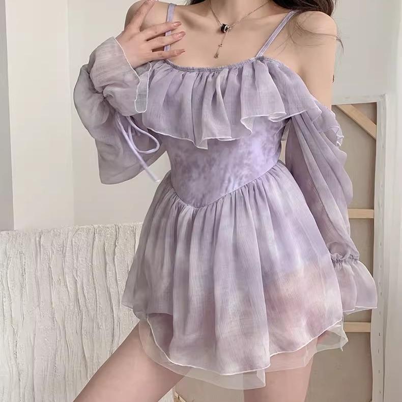 Long Sleeve Cold Shoulder Patterned Print Ruffle Swimdress Product Image