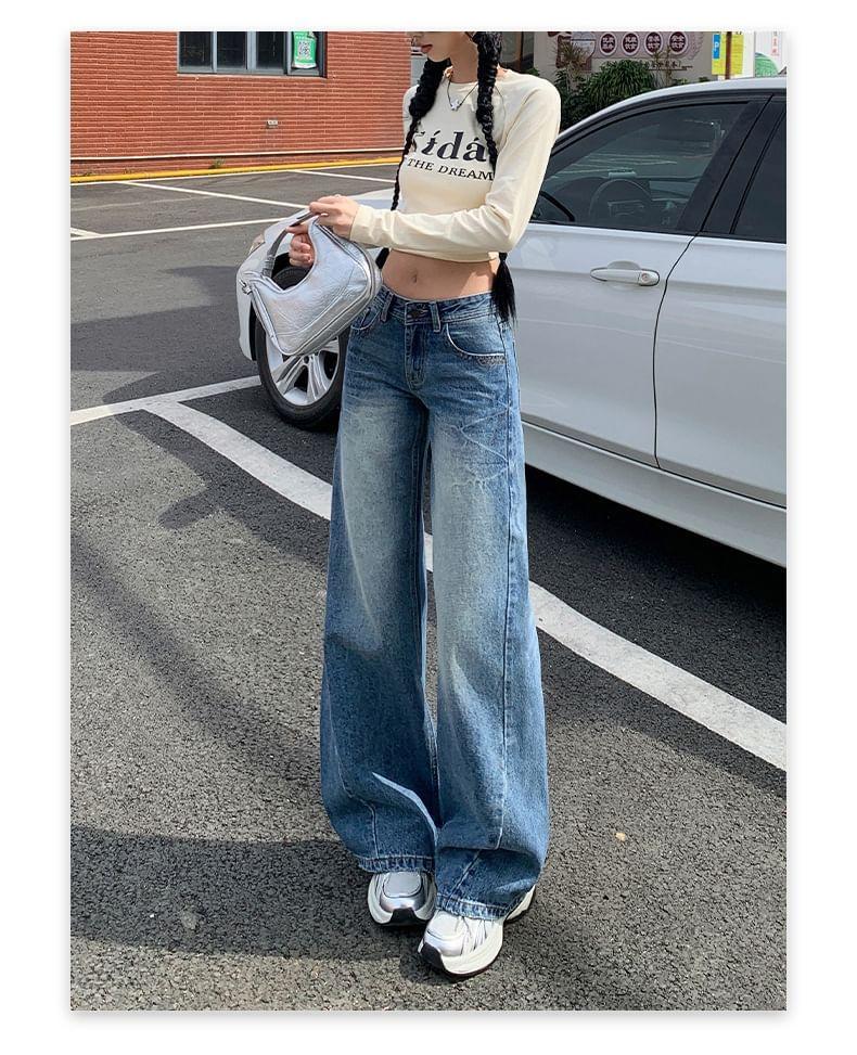 Low Waist Washed Straight-Fit Wide-Leg Jeans Product Image