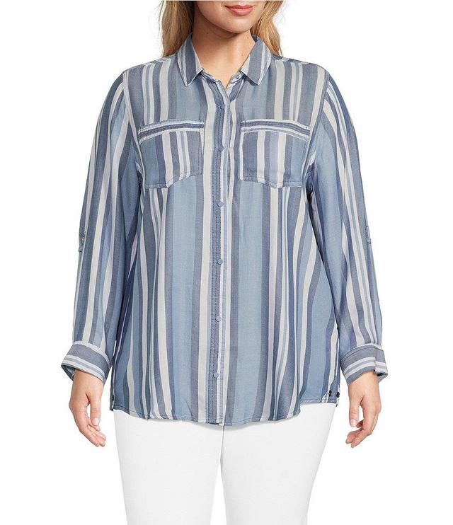 Intro Plus Size Lyocell Yarn Dyed Indigo Stripe Point Collar Roll-Tab Sleeve Snap-Front Shirt Product Image