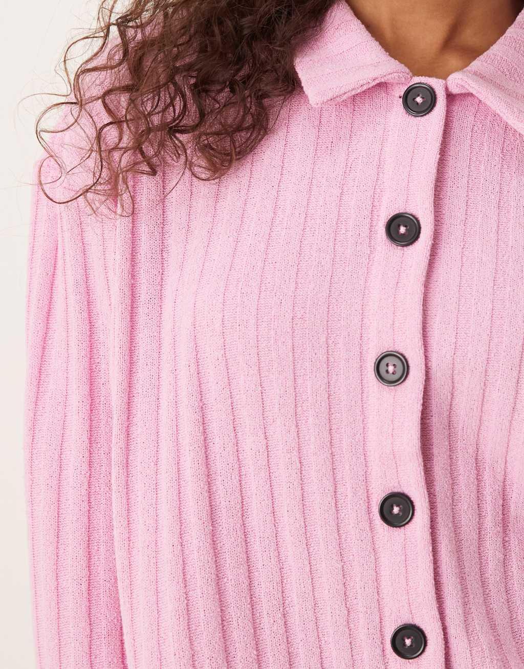 ASOS DESIGN long sleeve ribbed cardigan in pink Product Image