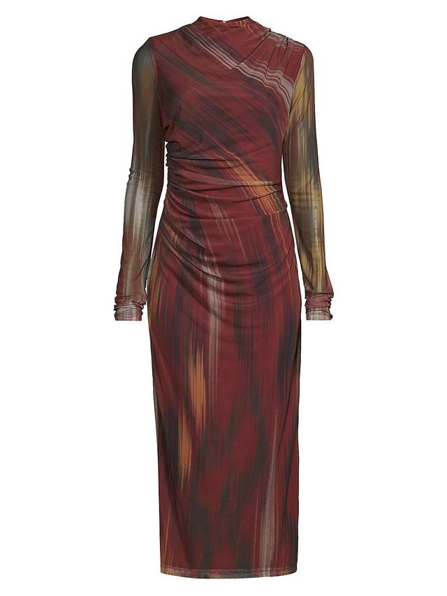 Womens Ruched Ikat-Inspired-Print Mesh Midi-Dress Product Image