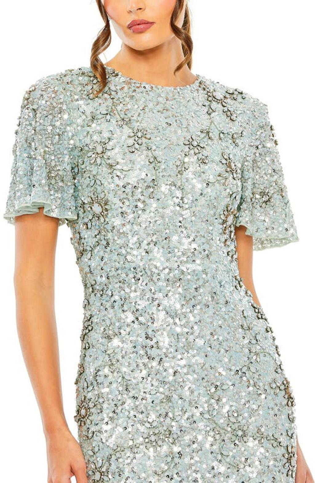 Flutter Sleeve Sequin High Neck Dress In French Blue Product Image