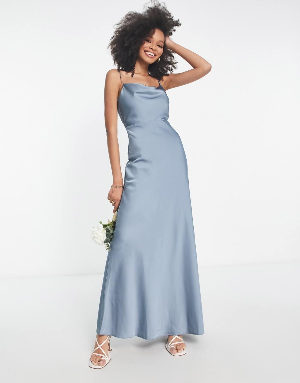 ASOS DESIGN Bridesmaid satin cowl neck maxi dress with full skirt in sage green  Product Image