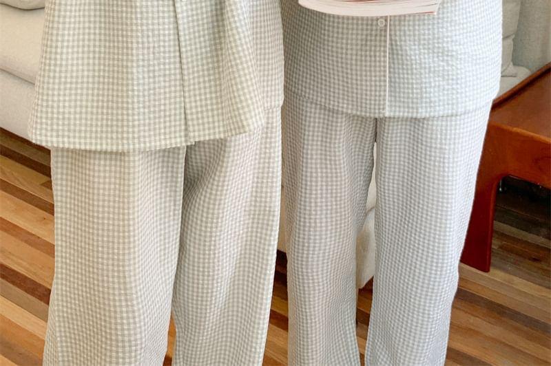 Couple Matching Pajama Set:  Long-Sleeve Plaid Button Top + Pants (Various Designs) Product Image