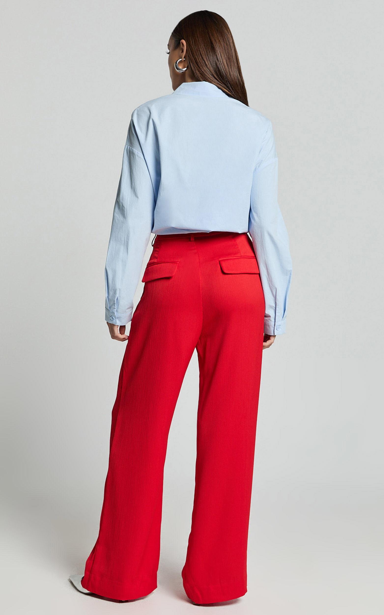 Jacie Pants - High Waisted Relaxed Textured Pants in Red Product Image