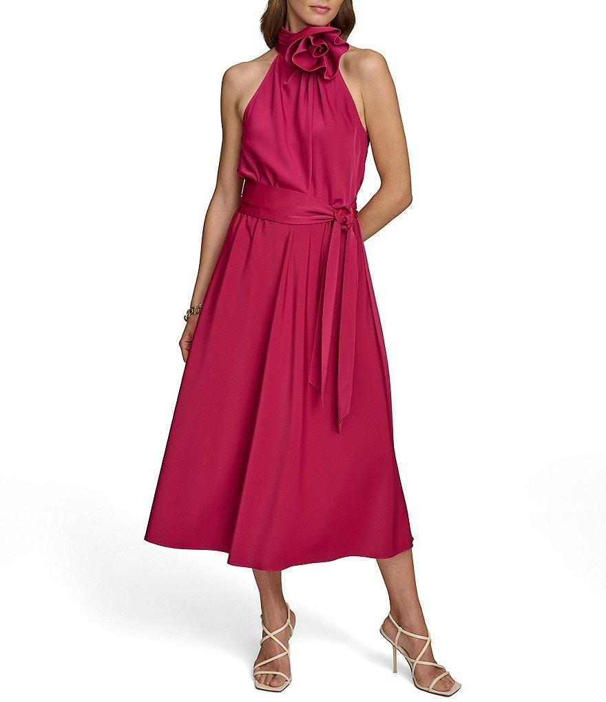 Donna Karan Sleeveless Floral Embellished Halter Neck Tie Waist Satin Dress Product Image