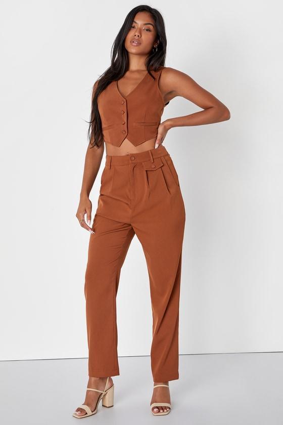 Hot Pur-suit Rust Brown Twill High Waisted Straight Leg Pants product image