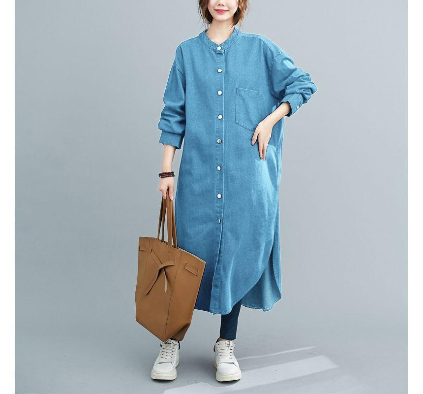 Long-Sleeve Round Neck Plain Slit Denim Midi Shirt Dress Product Image