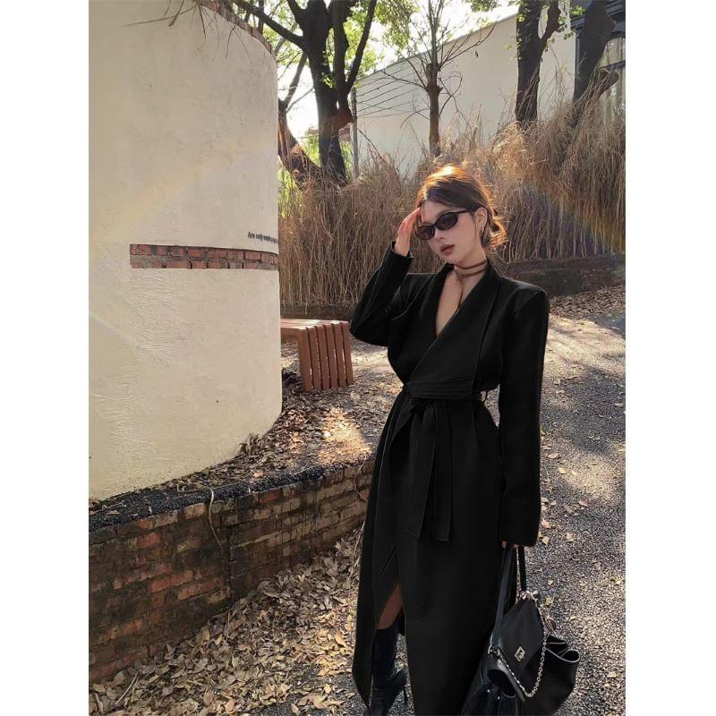 Plain Tie Waist Midi Coat Product Image