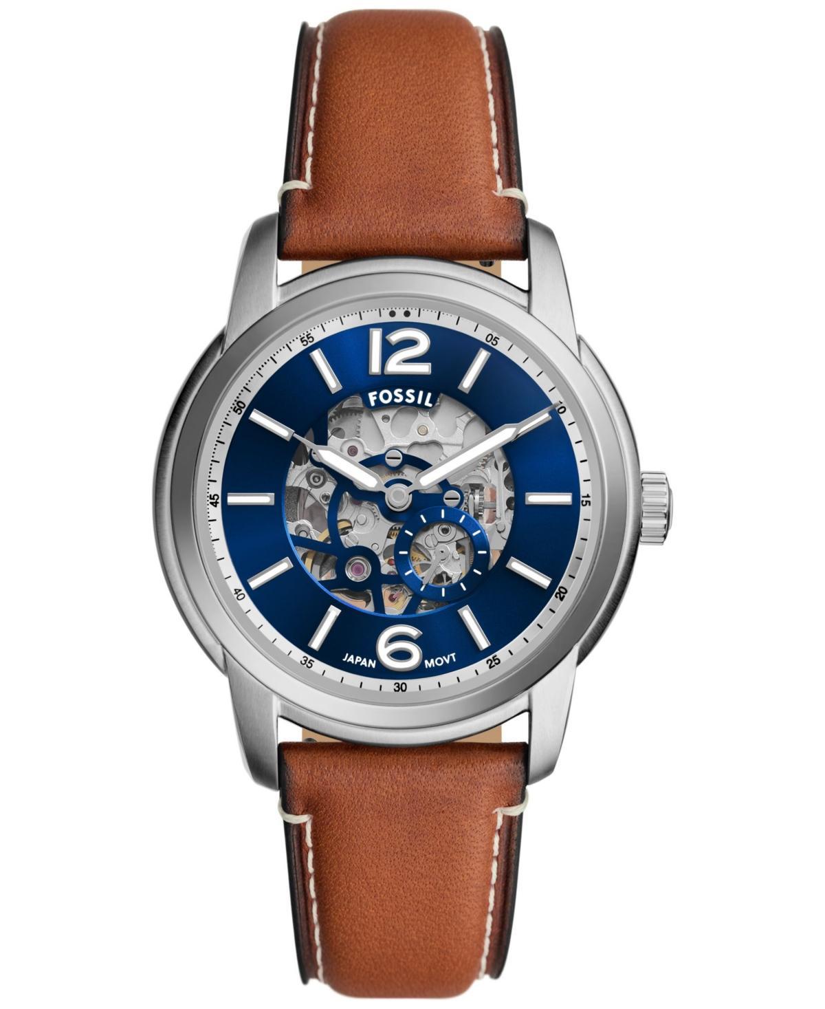 Fossil Mens Heritage Automatic Blue Dial Brown Leather Strap Watch Product Image