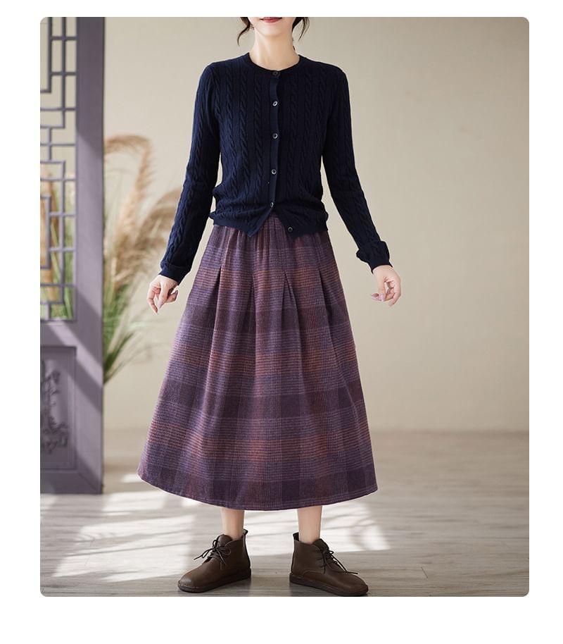 Elastic Waist Plaid Midi A-Line Skirt Product Image