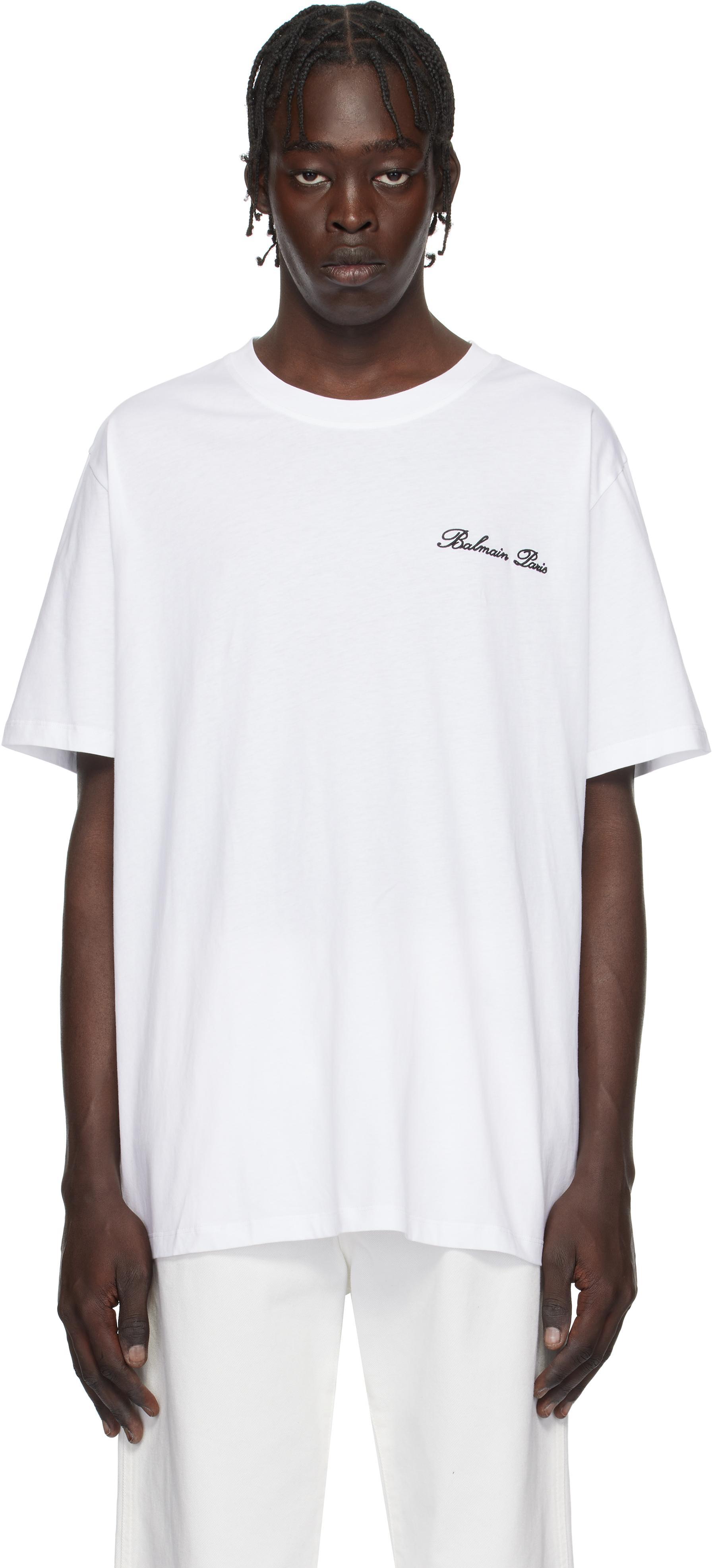 White Loose 'Balmain' Signature Embroidery T-shirt Product Image