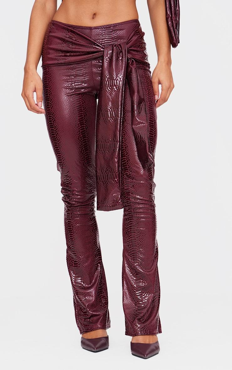 Burgundy Wet Look Croc Print Knot Detail Low Rise Skinny Flare Pants Product Image