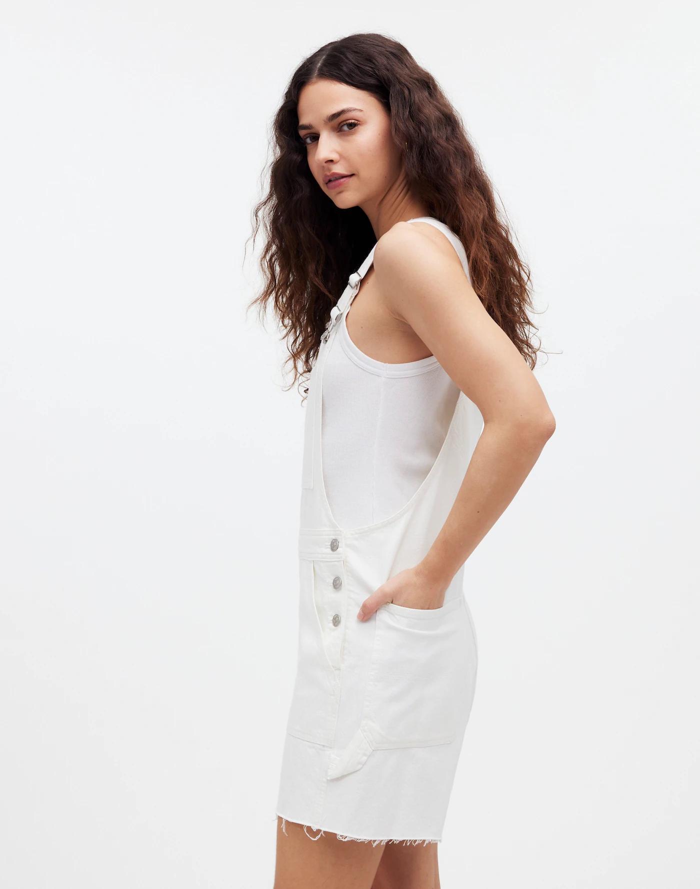 Denim Oversized Carpenter Shortalls in Tile White: Raw Hem Edition Product Image