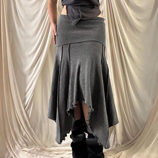 Low Waist Plain Paneled Ruffled-Trim Asymmetric-Hem Midi Skirt Product Image